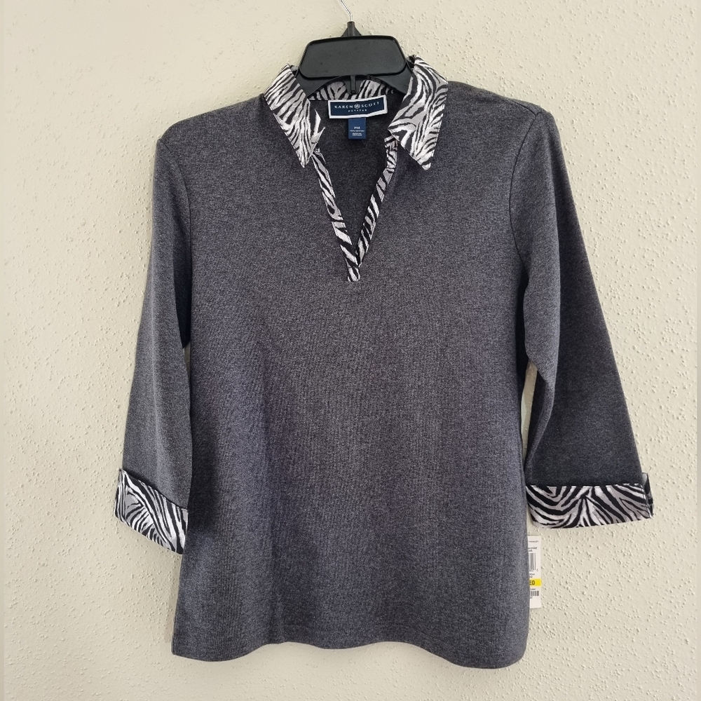 Karen Scott Gray V-Neck Sweater with Zebra Trim - Picture 6 of 8